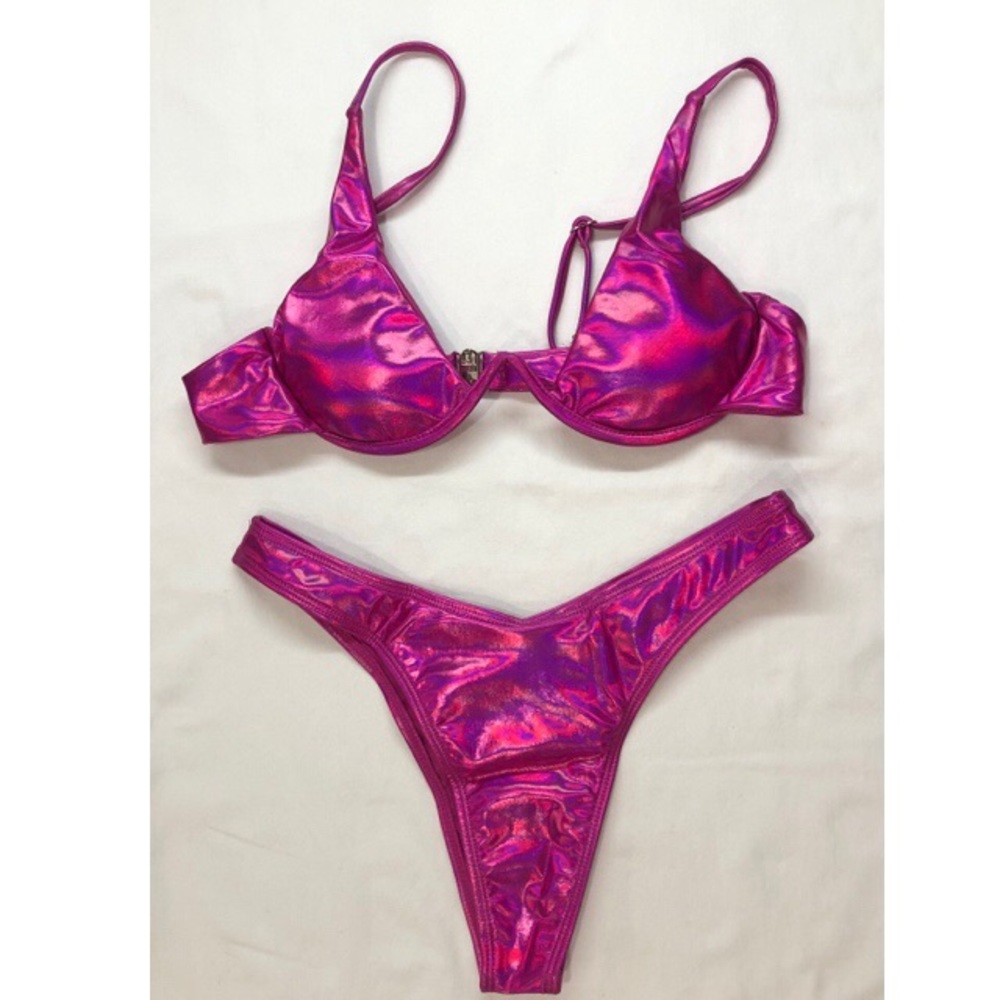Holographic fuchsia polyester spandex two piece high waist bikini size small/4